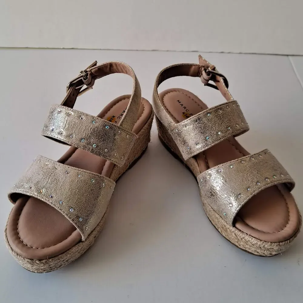 Marc Fisher Marrel Shimmer Strappy Espadrille Wedge Sandals Gold Girls Size 2